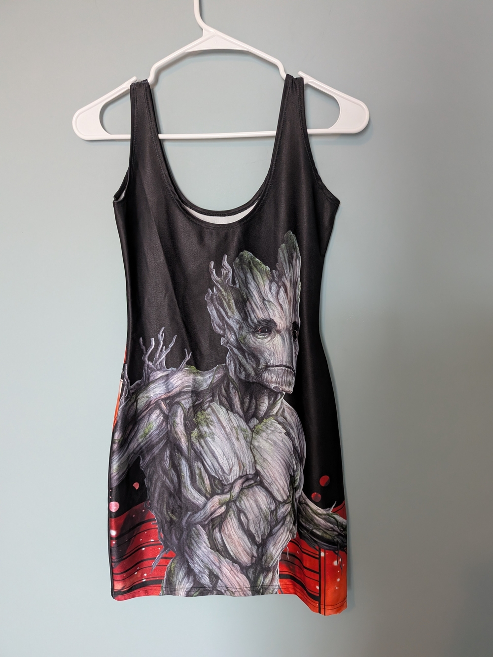 Marvel Black Mini Dress with Groot Artwork and Red Accents